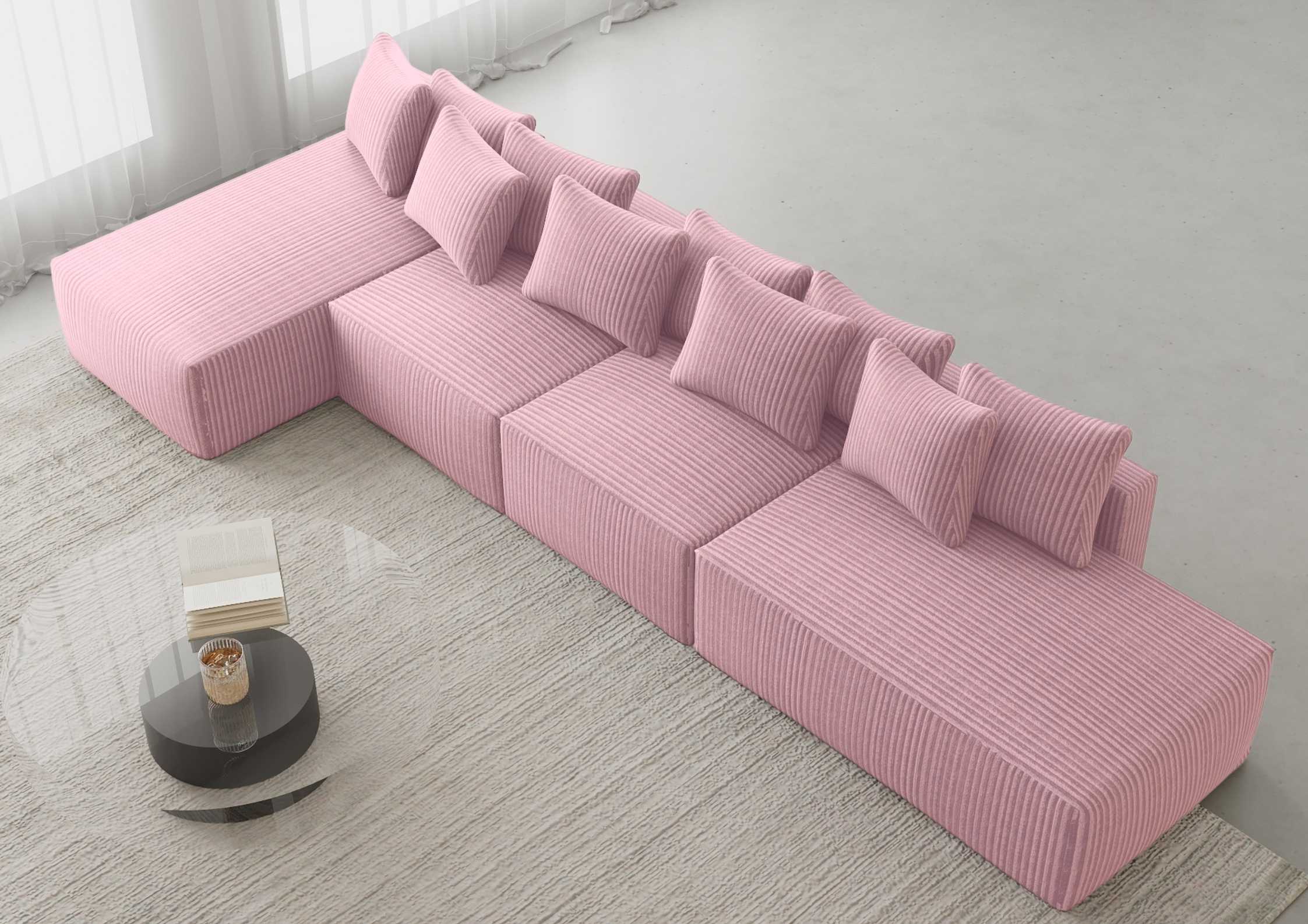 Duży narożnik wolnostojący z funkcją spania materiał sztruks kolor różowy